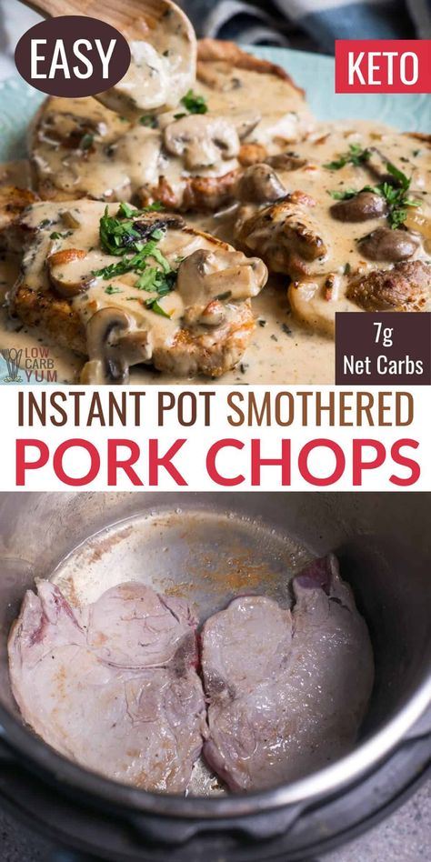 Saucy keto Instant Pot smothered pork chops are tender and juicy every time. Pressure cooking results in meat that falls right off the bone! Pressure Cooker Smothered Pork Chops, Instant Pot Recipes Pork, Instant Pot Smothered Pork Chops, Instapot Pork Chops, Keto Instant Pot Recipes, Low Carb Instant Pot Recipes, Smothered Pork Chops Recipe, Pork Dinners, Family Dinner Recipe