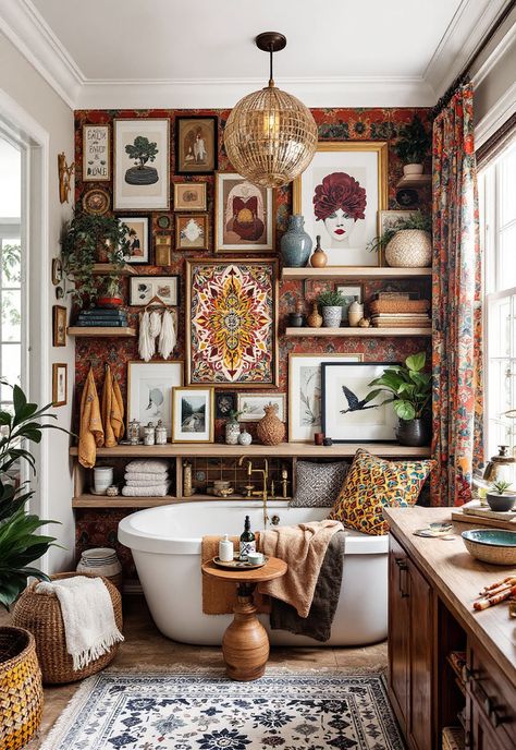 Boho Bathroom Ideas Maximalism Bathroom Decor, Small Maximalist Bathroom, Maximalist Decor Bathroom, Colorful Boho Bathroom, Maximalist Bathroom, Tranquil Bathroom, Botanical Bathroom, Boho Bathroom Ideas, Creative Look