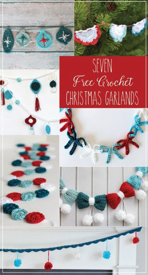 FREE Crochet Christmas Garlands --- Sugar Bee Crafts Crochet Christmas Garland, Bow Garland, Crochet Bunting, Crocheted Christmas, Crochet Bow, Crochet Garland, Christmas Garlands, Confection Au Crochet, Retro Ornaments