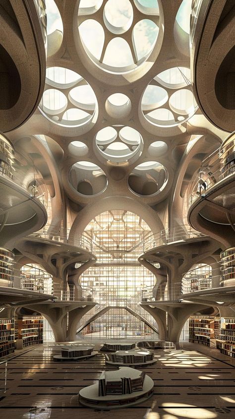 Futuristic Library, Mega Base, Futuristic Designs, English Project, English Projects, Reading Spot, Modern Library, Production Design, Organic Architecture