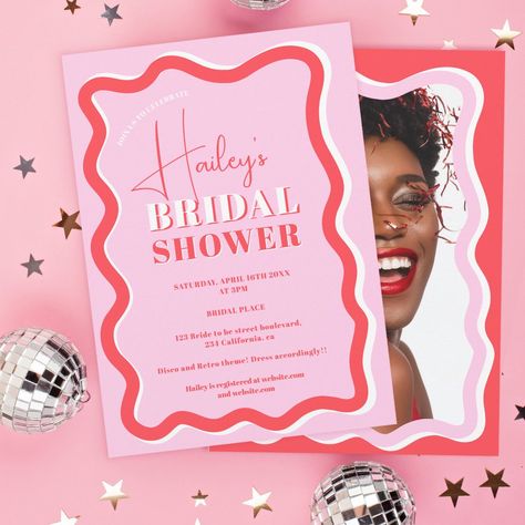 Bridal Shower Retro, Retro Wedding Theme, Bold Wedding Invitations, Retro Wedding Invitations, Wedding Announcement Cards, Disco Theme, Modern Names, Bridal Shower Cards, Couples Shower Invitations