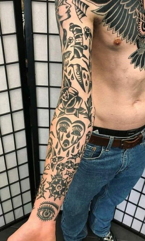 American Trad Arm Tattoo, Traditional Tattoo Art Black And Grey, Black Traditional Tattoo Sleeve Filler, American Trad Patchwork Sleeve, Blackwork Patchwork Sleeve, American Traditional Tattoo Patchwork, Patchwork Tattoo Ideas American Traditional, Elbow Patchwork Tattoo, American Trad Black And Grey