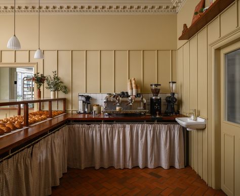 LANNAN BAKERY EDINBURGH - Petite Passport Bakery Interior, French Bakery, Timber Panelling, French Cafe, Cafe Interior Design, Bakery Cafe, Commercial Interior Design, Commercial Kitchen, Shop Interior