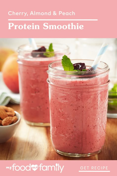 Fiber is better frozen, so get it is in this Cherry, Almond, & Peach Protein Smoothie recipe! A good source of vitamins A and C, this sweet, Healthy Living treat is assembled with PLANTERS Raw Almonds, honey, Greek-style yogurt, and frozen cherries and peaches. Blend it up easily in 5 minutes! Strawberry Julius Recipe, Smoothie Protein, Resep Smoothie, Smoothie Fruit, Vegan Kids Recipes, Orange Julius, Protein Smoothies, Summer Drink Recipes, Strawberry Banana Smoothie