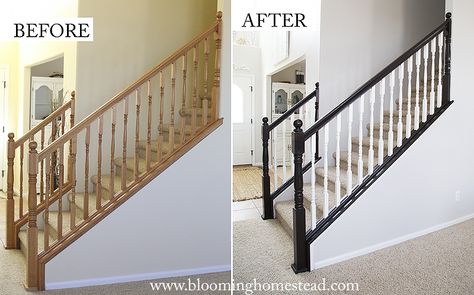 DIY Stair Railing Makeover - Page 2 of 2 - Blooming Homestead Painted Staircases With Carpet, Oak Bannister, Bannister Ideas, Stair Bannister, Banister Ideas, White Railing, Banister Remodel, Painted Staircase, Oak Banister