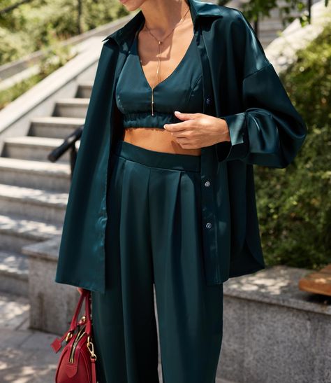 Emerald Green Satin Suit for Women 3 Piece Set Loose Fit Shirt Crop Deep V Neck Top Wide Leg Pants with Pockets Wedding Guest Suit Party Set by ElenaKosminskaya on Etsy Silk Satin Outfit, Wedding Guest Suit, Wedding Guest Pants, Emerald Green Outfit, Wedding Guest Suits, Satin Outfit, Asymmetric Shirt, Satin Suit, Button Crop Top