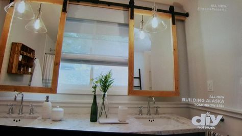 Cool idea if you must put vanity under window Bathroom With Sink Under Window, Bathroom Vanity Under Window Ideas, Vanity With Window Above, Sink Under Window Bathroom, Vanity Under Window Bathroom, Sliding Mirror Over Window, Bathroom Vanity Under Window, Bathroom Sink Under Window, Vanity Under Window