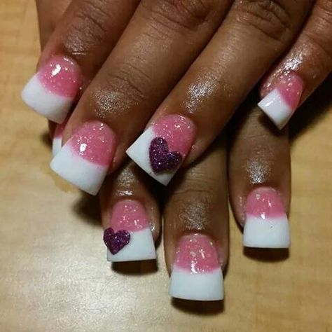 White tip, glittery pink fill, hearts White Tip, Nail Designs, Nails, Pink, White, Beauty, Design