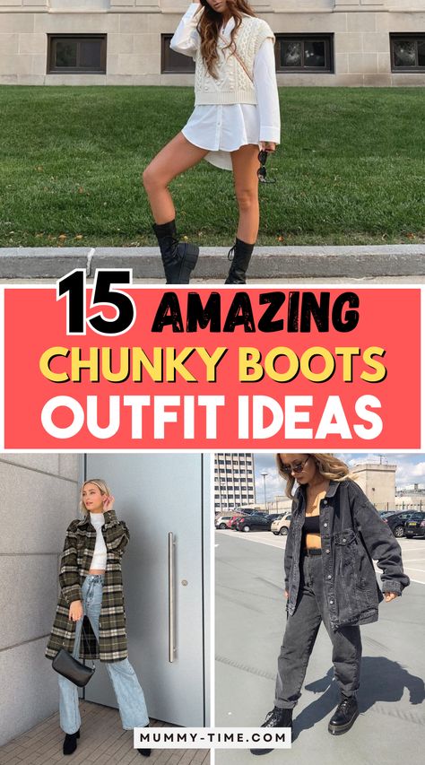 Upgrade your wardrobe with cute chunky boots outfit ideas! 💃🌟 Explore trendy combinations that perfectly blend comfort and style. From cozy sweaters to edgy leather jackets, these looks will have you ready for anything. Save this pin for your go-to styling tips! 📌✨ Fall Outfits With Chunky Boots, Outfits With Chunky Boots, Chunky Platform Boots Outfit, Chunky Platform Heels Outfit, Platform Heel Outfit, Lug Boots Outfit, Chunky Boots Outfit, Platform Boots Outfit, Boots Outfit Ideas