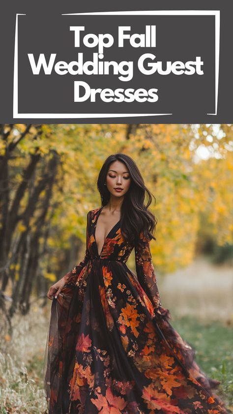 A woman wearing a stylish fall wedding guest dress in rich autumn colors, standing outdoors with fall leaves in the background. Cocktail Fall Dress, Fall Dress Colors, Fall Wedding Attire Guest, Autumn Wedding Guest Dress, Wedding Guest Dress For Fall, Elegant Dresses For Wedding Guest, Fall Wedding Guest Outfit, Wedding Guess Dress, Fall Wedding Guest Dresses