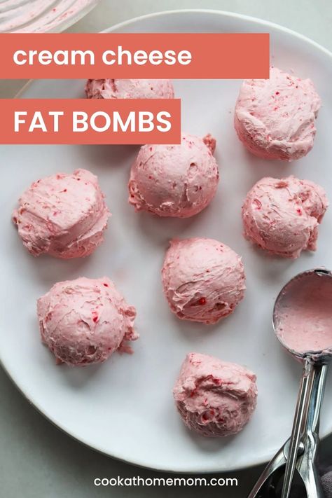 Made with just four ingredients in 10 minutes, these Keto Strawberry Cheesecake Fat Bombs are a delicious and super simple dessert, with just 1 net carb! #ketorecipes Strawberry Fat Bomb Snacks Keto, Fat Bomb Snacks For Kids, Keto Strawberry Cheesecake, Snack Craving, Fat Bomb, Simple Dessert, Easy Cream, Strawberry Flavor, Keto Cheesecake