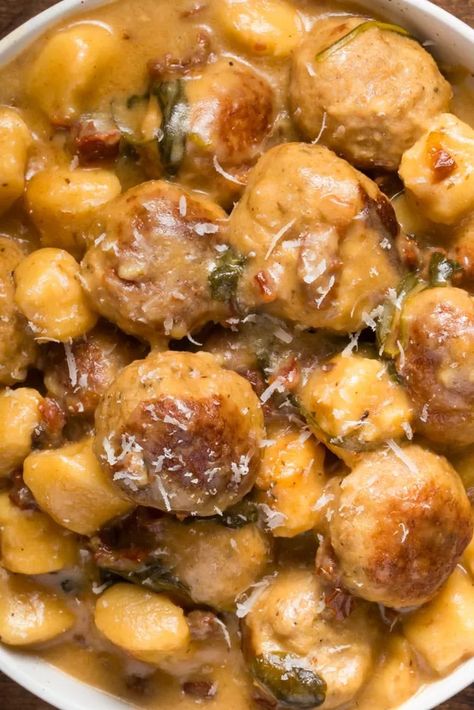 Crockpot Tuscan Chicken Meatballs With Gnocchi 1 Gnocchi And Meatballs, Crockpot Tuscan Chicken, Slow Cooker Meatballs, Skillet Dinners, Tuscan Chicken, Tuscan Inspired, Turkey Meatballs, Chicken Meatballs, Tuscan Style