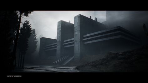 Scp Facility Concept Art, Facility Concept Art, Monolithic Architecture, Endless Frontier, Futuristic Research Facility, Brutalist Fantasy City, Sci Fi Research Facility, Abandoned Sci Fi Lab, Scifi Building