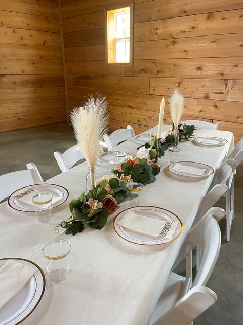 Pampas grass, taper candles, eucalyptus strands wedding centerpiece for a rectangle table Rectangle Table Centerpieces, Gold Centerpiece, Gold Centerpieces, A Rectangle, Center Pieces, Wedding Centerpiece, Rectangle Table, Taper Candles, Pampas Grass