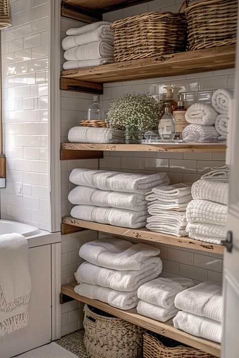 Clever Shelf Ideas for Small Bathroom Storage - Quiet Minimal Lake House Bathroom, Cozy Bathroom, Bathroom Shelf Decor, Cottage Bathroom, Bathroom Decor Apartment, Transitional Living, Small Bathroom Storage, Functional Space, Bathroom Inspiration Decor