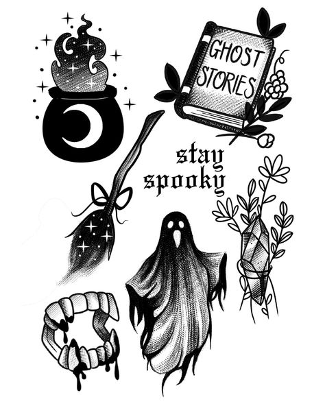 £60 small flash tattoos for Saturday . . #tattoo #tattooart #tattooartist #halloween #halloweentattoo #blacktattoo Traditional Tattoo Halloween, Halloween Flash Tattoo, Dc Tattoo, Halloween Flash, Goth Tattoo, 4 Tattoo, Tattoo Flash Sheet, Spooky Tattoos, Flash Design