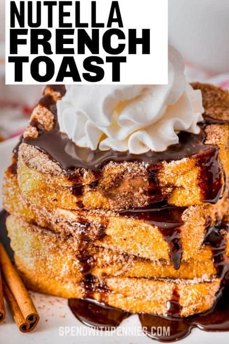 Creamy and chocolatey Nutella French Toast is a tasty treat worth making. This recipe is easy to make into churros or French Toast rolls, too. #spendwithpennies #nutellafrenchtoast #breakfast #dessert #recipe #stuffed #bread #howto #make #easy #rolls Nutella Breakfast Recipes, Nutella Stuffed French Toast, Stuffed French Toast Recipe, Recipes Brunch, Toast Pizza, French Toast Rolls, Nutella French Toast, Stuffed Bread, Stuffed French Toast