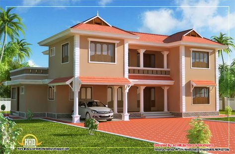 Duplex Sloping Roof House- 2618 sq. ft. (243 Square Meter) (291 Square Yards) - Published on March 2012 House Paint Design, Indian House Exterior Design, Small House Exteriors, Small House Exterior, Apartment Exterior, House Roof Design, House Paint Interior, Indian Home Design, Exterior House Color