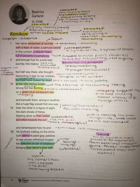 My annotations for the GCSE English Literature AQA Power and Conflict poems - Kamikaze. [page 1] Gcse Revision Notes English Poems, Kamikaze Poem Analysis Gcse, Kamikaze Annotations, Gcse English Poem Analysis, Gcse English Literature Poetry, Aqa Power And Conflict Poems, Kamikaze Poem Analysis, Poetry Anthology Gcse Annotations, Gcse Power And Conflict Poems Revision