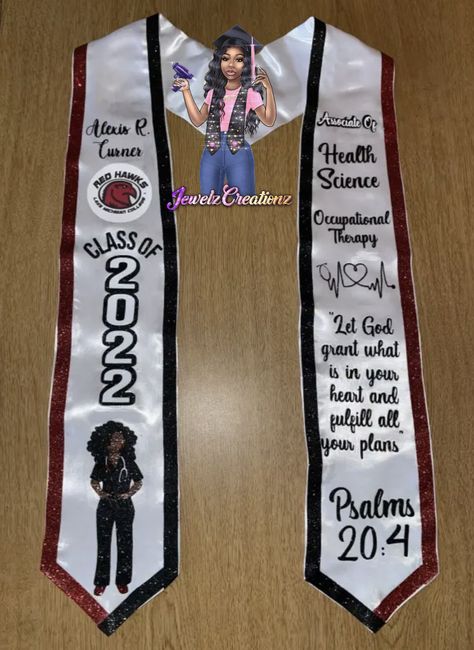 Customized Graduation Stole, Stole Designs Graduation, Graduation Stole Ideas College, Grad Stole Ideas, Graduation Stole Ideas, Graduation Scarf, Grad Stole, Stole Ideas, Sash Ideas