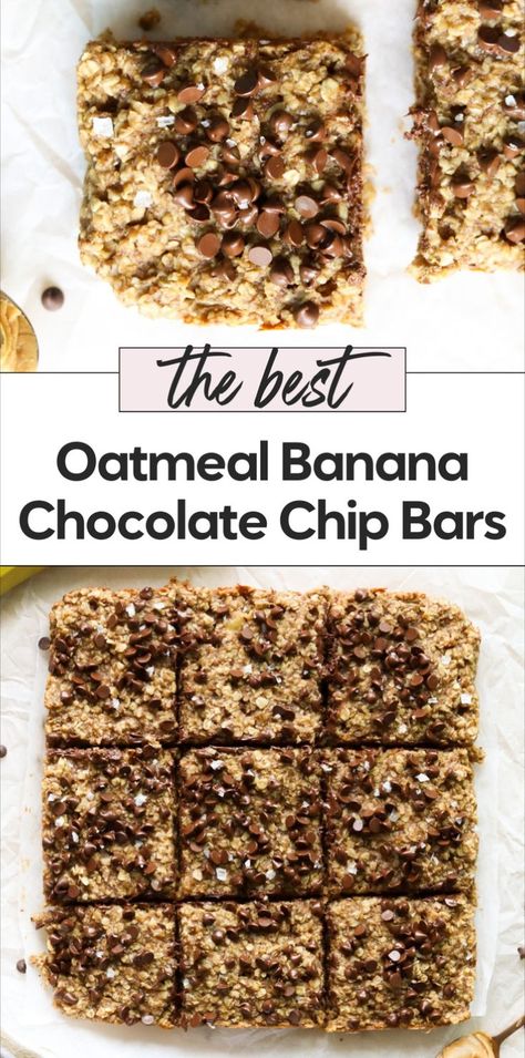 Try the best oatmeal bars ever with this recipe for banana peanut butter oatmeal bars! These baked oatmeal bars are a perfect healthy snack or breakfast option. The best oatmeal chocolate chip bars combine peanut butter, banana, and oats for a delicious on the go snack. Enjoy this banana oatmeal bars recipe for easy baked banana oat bars anytime! Healthy Snack With Bananas, Peanut Butter Banana Granola Bars, Banana Chocolate Chip Baked Oatmeal, Banana Chocolate Bars, Banana Peanut Butter Oat Bars, Banana Oats Recipes, Banana And Oats Recipes, Banana Oatmeal Recipes, Banana Chocolate Chip Oatmeal Bars