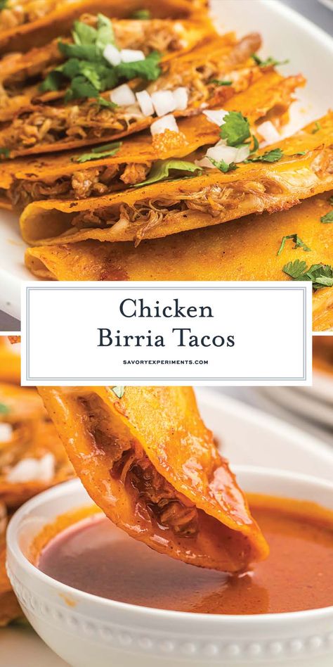 These EASY Birria Tacos, packed spicy, earthy, and aromatic flavors are made with chicken instead of beef! They will have you looking forward to taco Tuesday at home! Crock Pot Chicken Birria Tacos, Authentic Mexican Drinks, Chicken Barrio Tacos Recipe, Pulled Pork Birria Tacos, Chicken Barrio Tacos, Birria Chicken, Anniversary Meals, Birria Recipes, Easy Birria Tacos