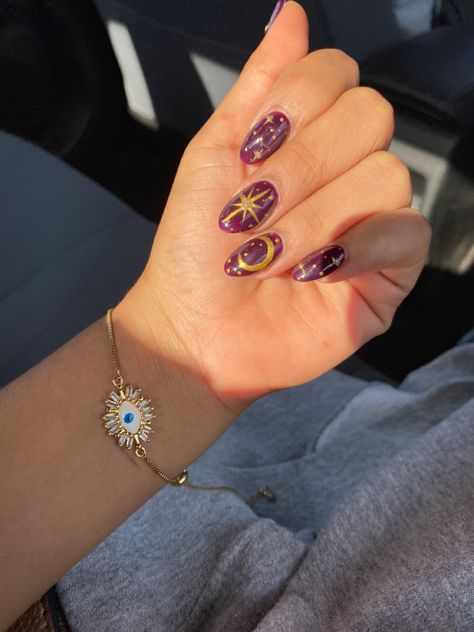 Purple Nails Witchy, Purple Moon And Star Nails, Biab Nails Purple, Purple Boho Nails, Purple Halloween Nails Almond, Cute Painted Nail Ideas, Sun And Moon Nails Simple, 90s Whimsigoth Nails, Classy Goth Nails