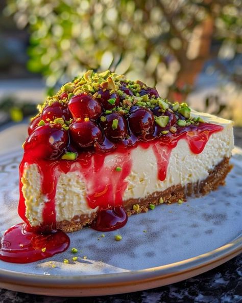 Lemon Lime Cherry Pistachio Cheesecake 🍋🍒✨ A luscious cheesecake with lemon and lime zest, topped with a cherry glaze and crunchy pistachios. The perfect blend of tangy, sweet, and nutty! 🍰💚 Ingredients: Crust: - 1 1/2 cups graham cracker crumbs 🍪 - 1/4 cup sugar 🍬 - 1/2 cup melted butter 🧈 Filling: - 24 oz cream cheese, softened 🧀 - 1 cup sugar 🍬 - 3 large eggs 🥚 - 1/4 cup sour cream 🥛 - 1/4 cup heavy cream 🥛 - Zest of 1 lemon 🍋 - Zest of 1 lime 🍈 - 1/4 cup lemon juice 🍋 - 1/4 cup lime j... Cherry Pistachio, Cherry Glaze, Pistachio Cheesecake, Lime Zest, Graham Cracker Crumbs, Graham Cracker, Lemon Lime, Sweets Treats, Lemon Zest