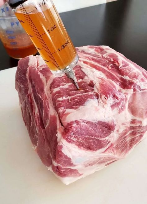 Pork Injection Marinade, Pellet Grill Pulled Pork, Meat Injection Recipe, Injection Marinade Recipe, Grilled Pulled Pork, Smoked Pork Roast, Maple Pork, Brine Recipe, Smoked Pulled Pork