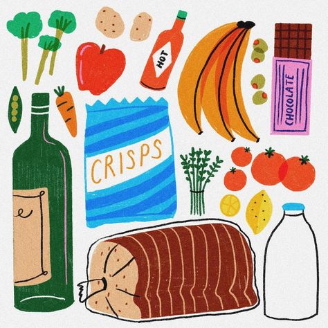 Philippa Coules on Instagram: “An illustration dedicated to FOOD! 🍫🍋Hope you are having a lovely, relaxing Sunday. #foodillustration #food #editorialillustration…” Fun Food Illustration, Summer Food Illustration, Creativity Doodle, Breakfast Illustration Food, Food Journal Illustration, Meal Drawing Food Illustrations, Item Illustration, Colourful Food, Good Food Good Mood