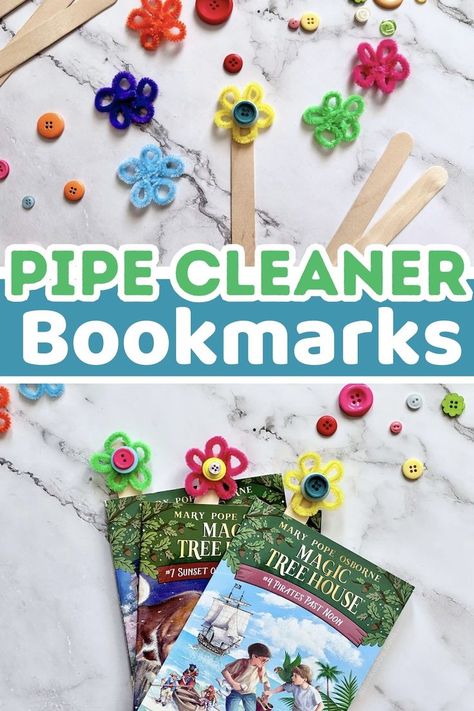 An easy flower craft idea for kids. This easy pipe cleaner craft a perfect  activity for sleepovers! my girls love making these pretty flower bookmarks and they only take a couple minutes to make! Popsicle Stick Bookmarks, Stick Bookmarks, Sleepover Crafts, Easy Popsicles, Homemade Bookmarks, Kids Sleepover, Flower Bookmarks, Make Craft, Pipe Cleaner Flowers