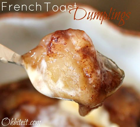 ~French Toast Dumplings..simmered in Maple Syrup! Grands Biscuits, What's For Breakfast, Dessert Bar, Meal Of The Day, Breakfast Time, Breakfast Treats, Breakfast Dishes, Food Breakfast, Breakfast Food