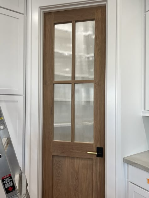 Kitchen To Laundry Room Door, Pantry Door Gold Hardware, Pantry Door Swinging, Pantry Door Mid Century, Panty Doors Kitchens, Double Doors Into Bathroom, French Back Door, Clear Glass Pantry Door, Laundry Room Pocket Door Ideas