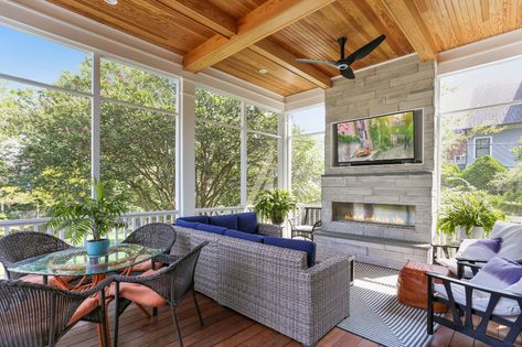 Screened Porch With Tv, Screened In Porch With Gas Fireplace, Outdoor Fireplace Tv Wall, Screened In Porch With Tv, Screened In Porch Fireplace, Screened In Porch With Fireplace, Outdoor Propane Fireplace, Outdoor Screen Room, Craftsman Style Porch