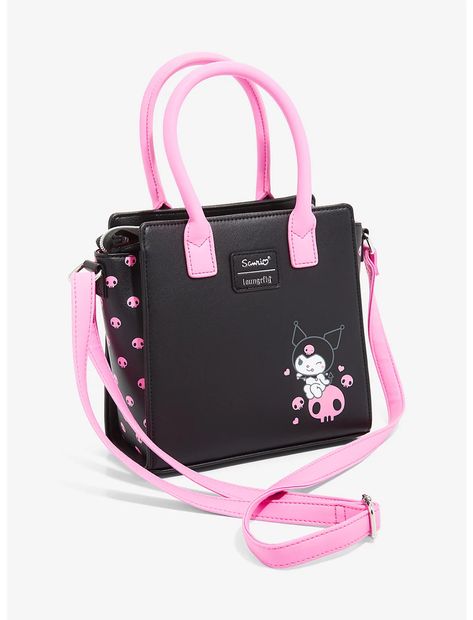 Take the devilishly sweet Kuromi with you wherever you go! This satchel bag features a front and back print of Kuromi with pink skulls and hearts surrounding her, and a repeated pink skull print on the sides. Matching pink handles and strap with silver tone hardware makes this bag that much cuter! Adjustable strap, interior drop pocket and top zipper closure. Loungefly Bag, Pink Skull, Pink Hello Kitty, Hello Kitty Items, Sanrio Kuromi, Purse Crossbody, Satchel Purse, Skull Print, Cute Bags