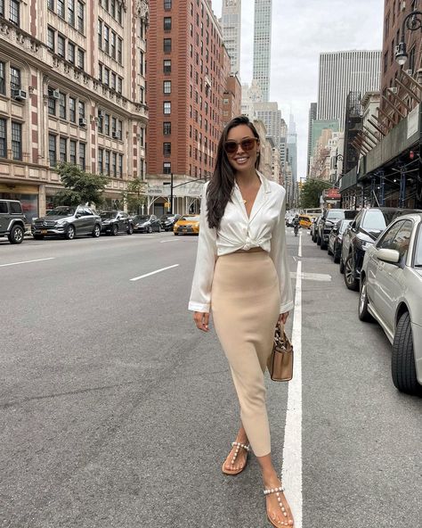 Neutral button down, midi pencil skirt and pearl embellished sandals Tan Midi Skirt Outfit, Tan Skirt Outfit, Tan Skirt Outfits, Midi Pencil Skirt Outfit, Kat Jamieson, Classic Summer Style, Tan Midi Skirt, Spring Skirt Outfits, Skirt Outfit Summer