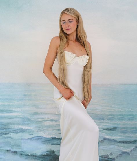 Kathy wears our Soleil Maxi in ivory silk satin 🐚✨ Seashell Bra, Shell Dress, Silk Maxi, Long Gloves, Ivory Silk, White Gowns, French Seam, Silk Maxi Dress, White Silk