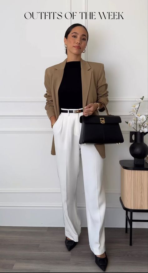 Tailored Trousers Outfit, Cream Trousers Outfit, Trouser Pants Outfits, Beige Blazer Outfit, Tailored Pants Outfit, Camel Blazer, White Pants Outfit, Trousers Outfit, Cream Trousers