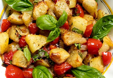 Potatoes With Tomatoes And Basil | Italian Food Forever Potatoes With Tomatoes, Tomato Potato Recipe, Tomatoes And Potatoes Recipe, Potatoes Tomatoes Zucchini, Potato Tomato Recipe, Butter Parsley Red Potatoes, Parsley Buttered Red Potatoes, Seafood Entrees, Cubed Potatoes