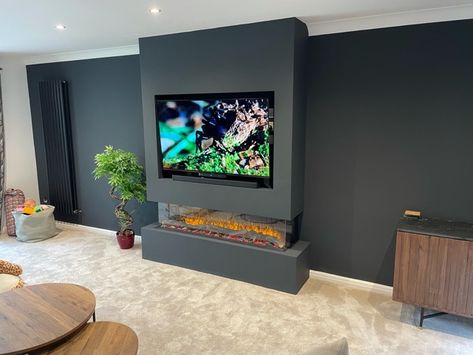 Panoramic Fireplace With Tv, Panoramic Fireplace Ideas, Tv Wall Design Luxury Tvs, Tv Surround, Modern Fireplace Ideas Living Rooms, Tv Wall Shelves, Luxury Tv Wall, Wall Entertainment Center, Modern Fireplaces