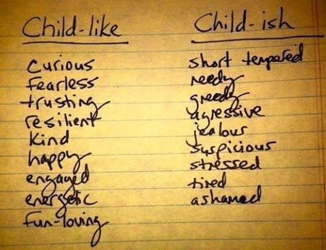 BE CHILDLIKE - NOT CHILDISH Childish Quotes, Childish People, Inner Child Quotes, Childlike Faith, Tagging Quotes, Sacred Science, Between Two Worlds, Spirit Quotes, I Don't Always