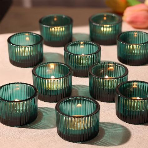 Small Votive Candle Holders, Candle Table Setting, Teal Candles, Restaurant Candles, Tea Light Candle Holders, Tea Candle Holders, Candlelight Dinner, Coloured Candles, Communion Party