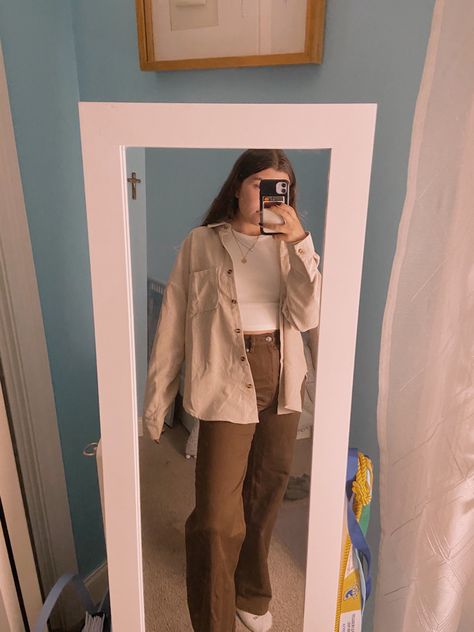 Cream Corduroy Button Up Outfit, White Curdory Jacket Outfit, White Corduroy Jacket Outfit, Taiwan Outfit, White Corduroy Jacket, Brown Jeans Outfit, Inspo Fits, Corduroy Top, White Shirt Outfits