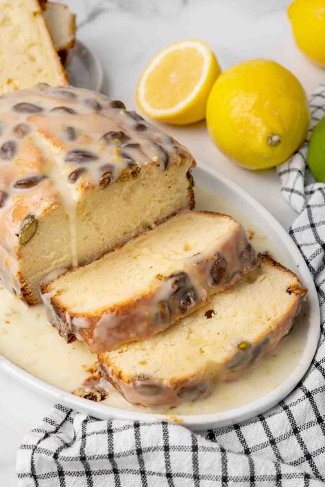 Meyer Lemon Pound Cake, Pistachio Pound Cake, Lemon Sweets, Lemon Pistachio, Lime Glaze, Moist Pound Cake, 2023 Food, Restaurant Style Recipes, Lemon Pound Cake Recipe