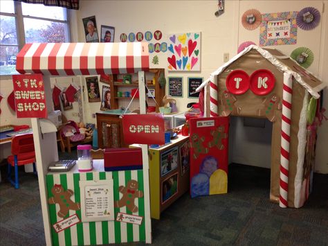 Dramatic Play Gingerbread House Sweet Shop Preschool Christmas Bakery Dramatic Play, Gingerbread Bakery Dramatic Play, House Art Preschool, Prek Gingerbread, Gingerbread Preschool, Preschool Gingerbread, Gingerbread Unit, Dramatic Play Themes, Gingerbread Man Activities