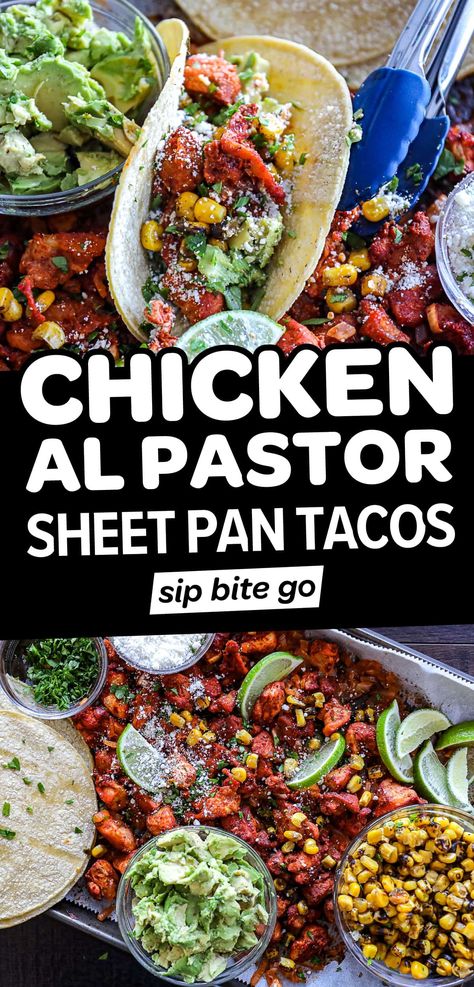 Make ridiculously tasty chicken tacos in 1 hour - right in the oven! This Sheet Pan Chicken Al Pastor Tacos recipe is easy and fast to make with chicken breast. It’s a family favorite taco night dish. Let’s cook... | sipbitego.com Pastor Tacos Recipe, Chicken Al Pastor, Al Pastor Recipe, Al Pastor Tacos, Pastor Tacos, Marinated Turkey, Sheet Pan Chicken, Taco Recipe, Tasty Chicken