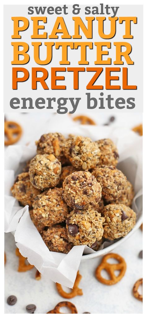 Sweet and Salty Peanut Butter Pretzel Energy Bites • One Lovely Life Volleyball Treats, Flexitarian Meals, Healthy Salty Snacks, Peanut Butter Pretzel Bites, Oatmeal Energy Bites, Peanut Butter Energy Balls, Peanut Butter Energy Bites, Coffee Desserts, Snack Balls