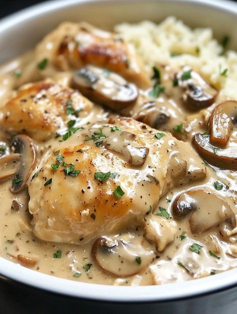 Slow Cooker Creamy Mushroom Chicken Mushroom Chicken Crockpot, Chicken Breast Slow Cooker, Chicken And Mushrooms, Creamy Mushroom Chicken, Garlic Sauce Recipe, Creamy Mushrooms, Mushroom Chicken, Chicken Crockpot Recipes, Easy Family Meals