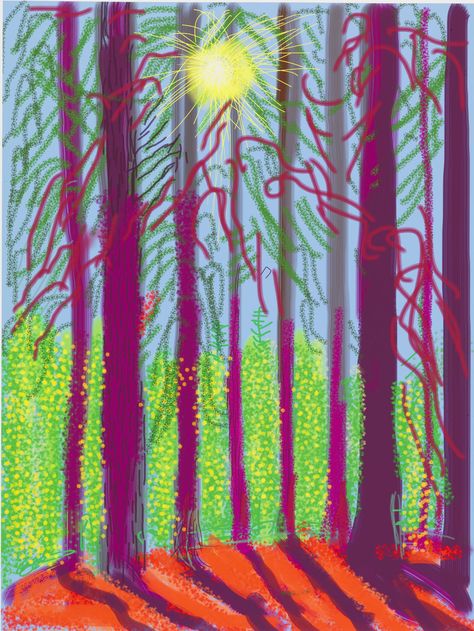 David Hockney's "Untitled No. 4" from "The Yosemite Suite," 2010, iPad drawing printed on paper. Sunrise Mural, David Hockney Landscapes, David Hockney Ipad, Wallpaper Stain, David Hockney Paintings, Forest Sunrise, David Hockney Art, Ipad Painting, Ipad Drawings