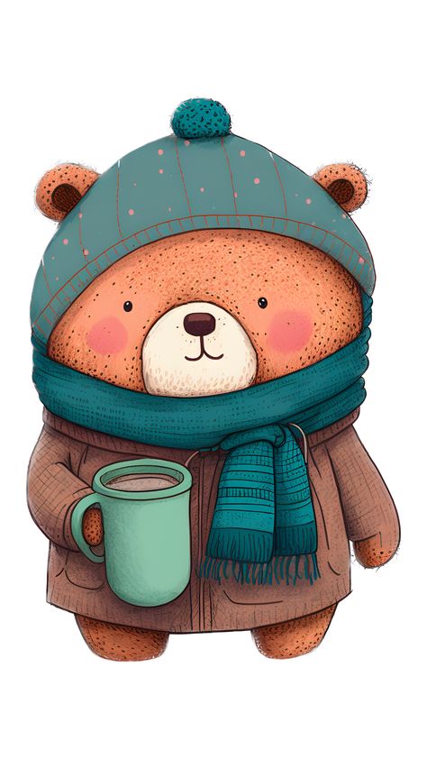 Hot Chocolate Wallpaper, Animal Phone Wallpaper, Teddy Bear Illustration, Chocolate Wallpaper, Drinking Hot Chocolate, Stuffed Pumpkin, Scratchboard Art, Pop Stickers, Bear Illustration